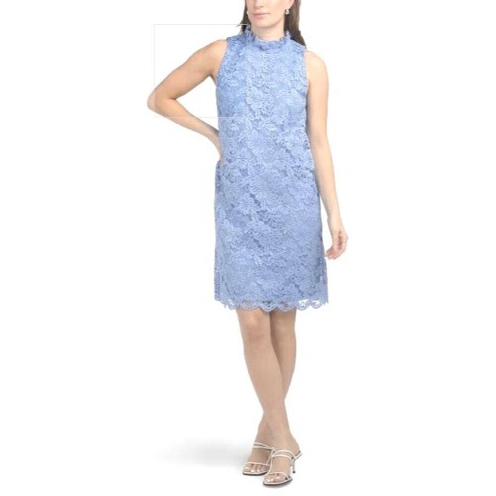 Anne Klein Womens Blue Sleeveless High Ruffle Collar Lace Shift Dress Sz 12 New